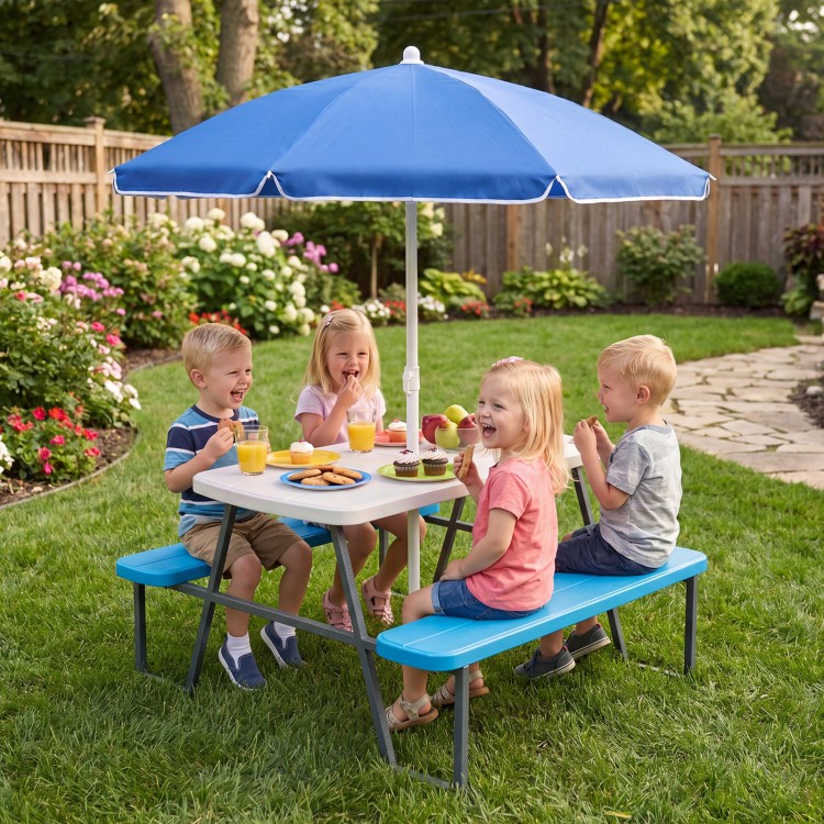 Kids picnic table with blue benches and umbrella, perfect for outdoor play and dining, seats up to 4 children.