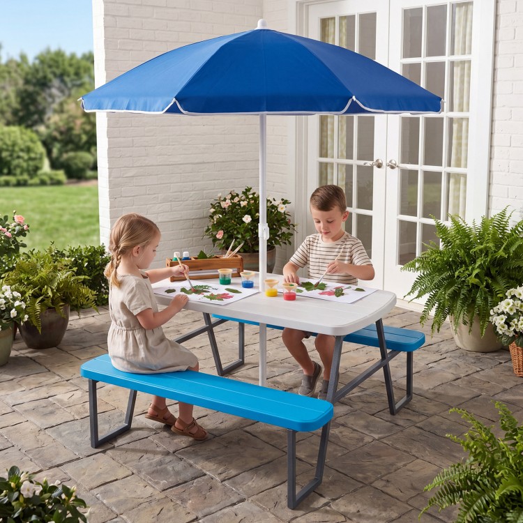 Kids picnic table with blue benches and umbrella, perfect for crafts and outdoor play, seats up to 4 children.
