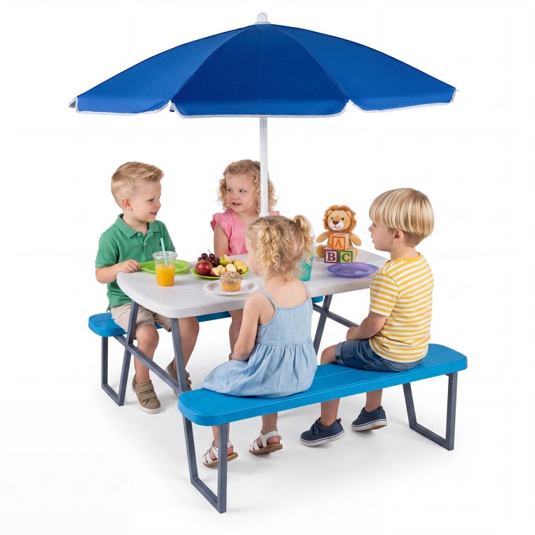 Kids picnic table with blue benches and umbrella, seating four, perfect for indoor and outdoor play and activities.