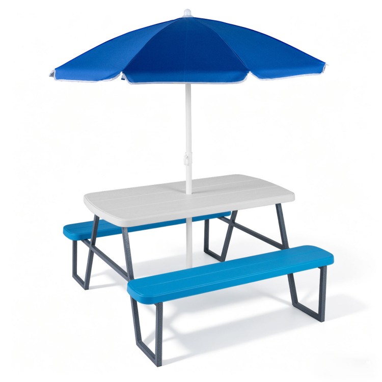 Kids picnic table with blue benches and a foldable umbrella, perfect for indoor and outdoor activities.
