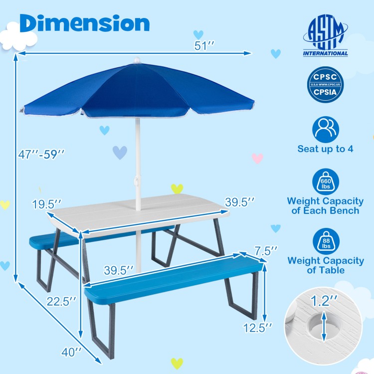 Kids picnic table with blue umbrella, seats up to 4, featuring a powder-coated metal frame for outdoor fun.