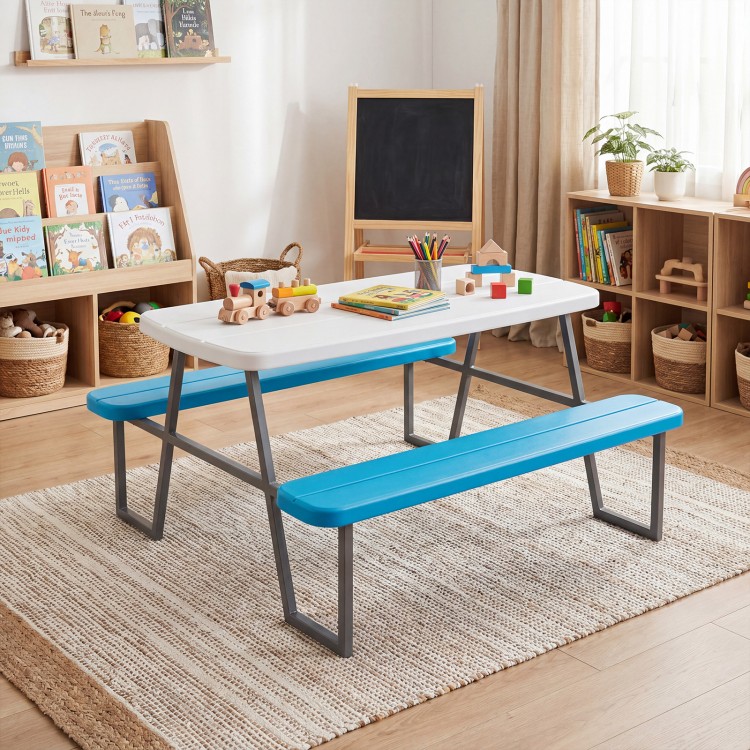 Kids picnic table with blue benches, durable HDPE surface, perfect for indoor or outdoor play and activities.