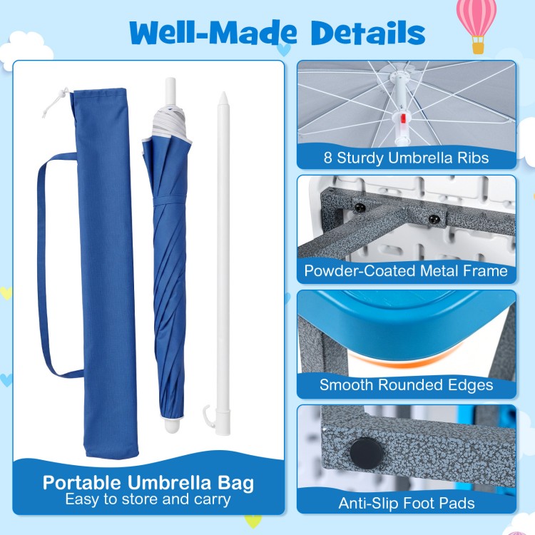 Kids picnic table with blue umbrella, featuring a powder-coated metal frame and portable carry bag for easy transport.