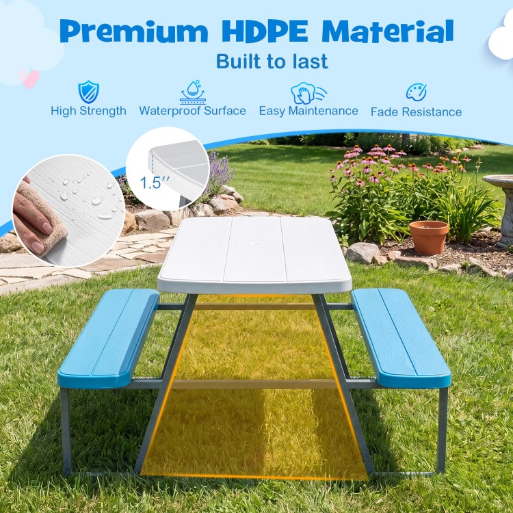 Kids picnic table with blue benches, made of HDPE material, perfect for outdoor fun and easy maintenance.
