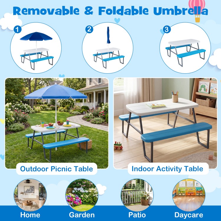 Kids picnic table with blue benches and removable umbrella, perfect for indoor and outdoor activities. Seats up to 4.