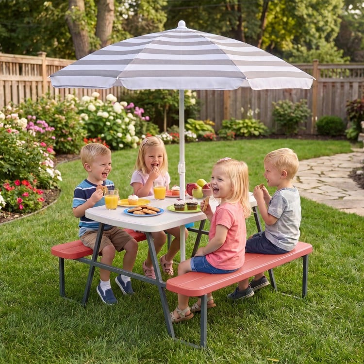 Kids picnic table with pink benches, height-adjustable umbrella, perfect for outdoor play and snacks for up to 4.