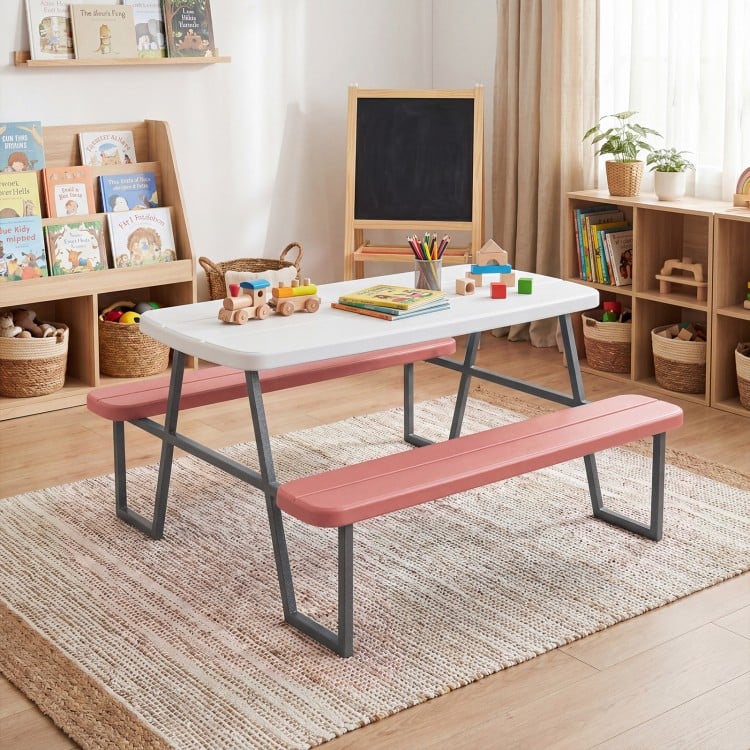 Kids picnic table with pink benches, HDPE tabletop, and powder-coated metal frame, perfect for indoor and outdoor play.
