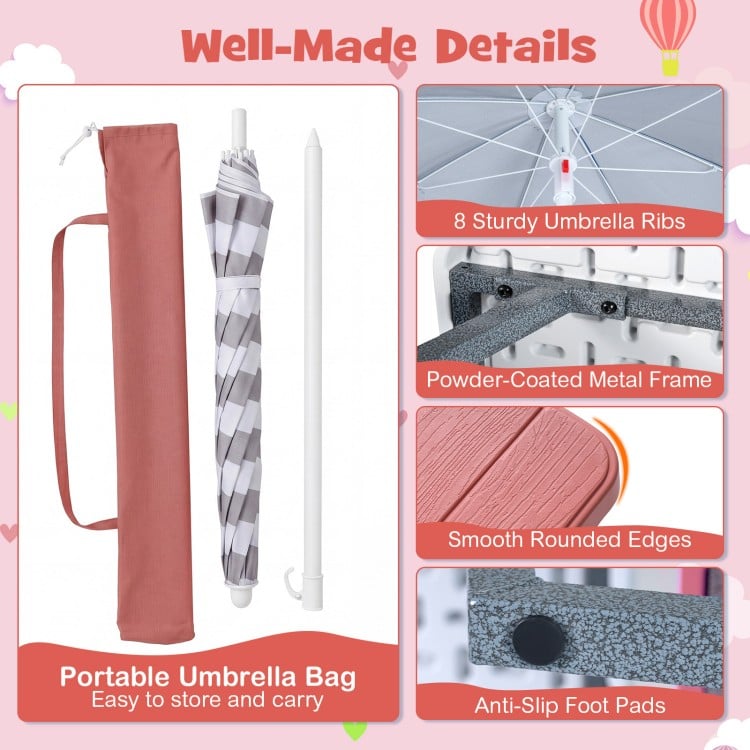 Kids picnic table with pink umbrella, featuring a powder-coated metal frame and sturdy ribs for outdoor fun.