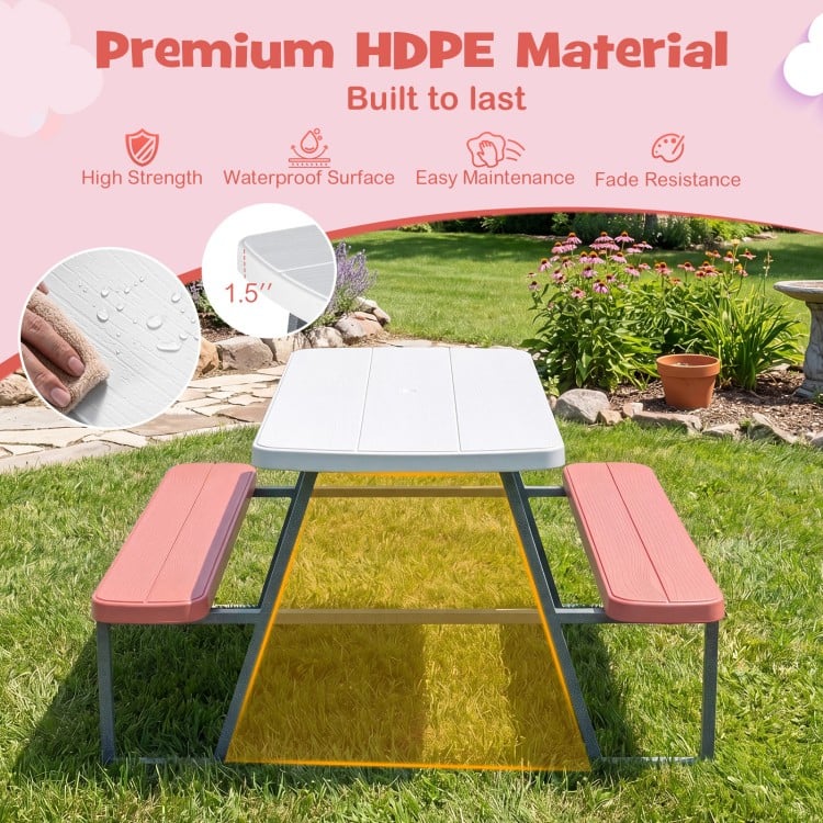 Kids picnic table with pink benches, made of HDPE material, perfect for outdoor fun and crafts, seats up to 4.