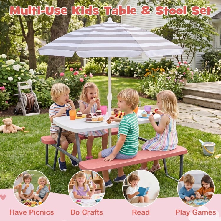 Kids picnic table set with pink benches and a foldable umbrella, perfect for outdoor play, crafts, and picnics.