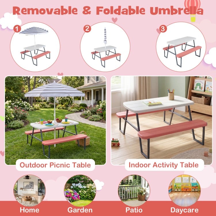 Kids picnic table in pink with foldable umbrella, seats up to 4, perfect for indoor and outdoor activities.
