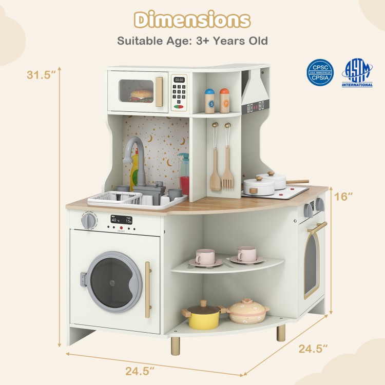 Kids play kitchen wooden corner playset in beige with working faucet, oven, and ample storage for interactive cooking.