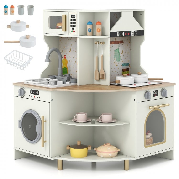 Kids play kitchen wooden corner playset in beige with working faucet, oven, and interactive accessories for imaginative.
