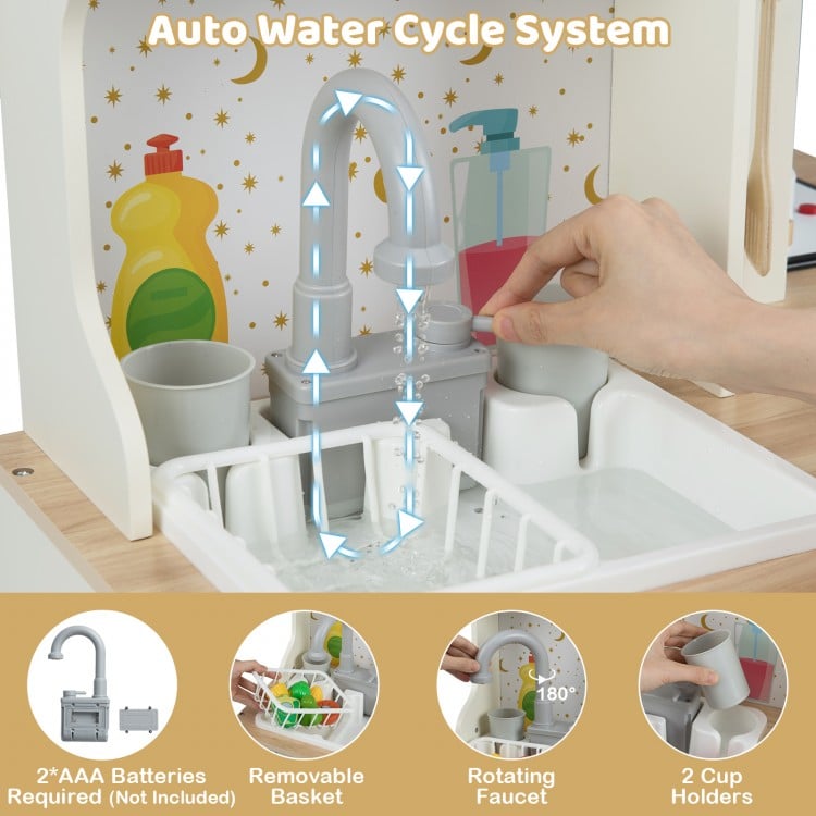 Kids play kitchen set featuring a working faucet and sink with an auto water cycle system for realistic cooking fun.