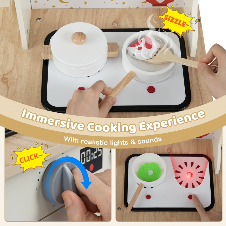 Kids play kitchen set featuring realistic lights and sounds, with a working faucet and removable basket for interactive.