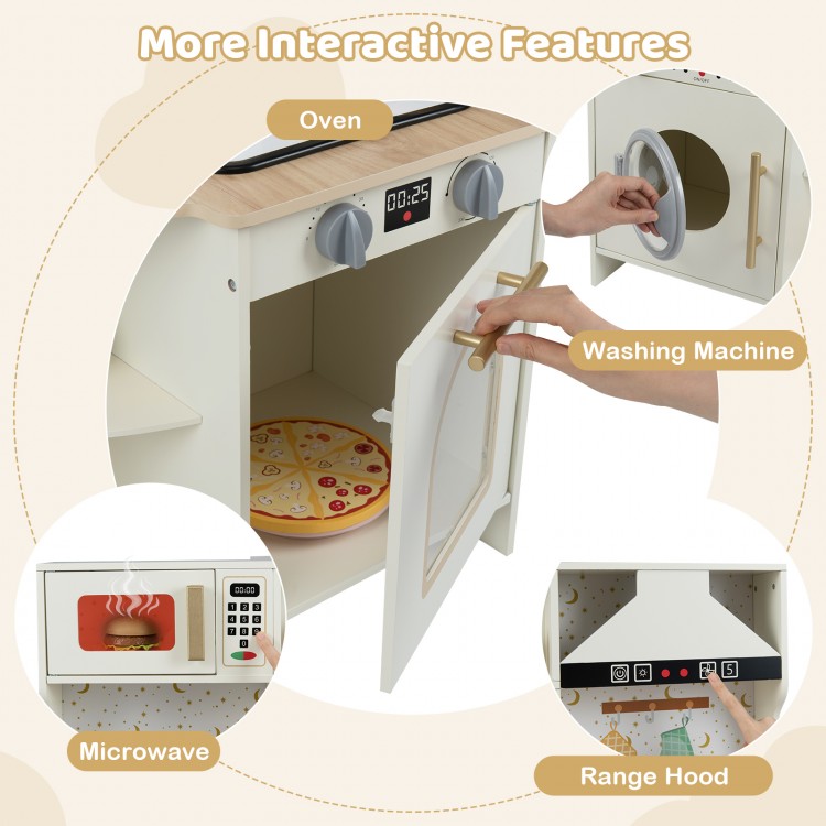 Kids play kitchen set featuring an oven, microwave, and washing machine for interactive pretend cooking fun.