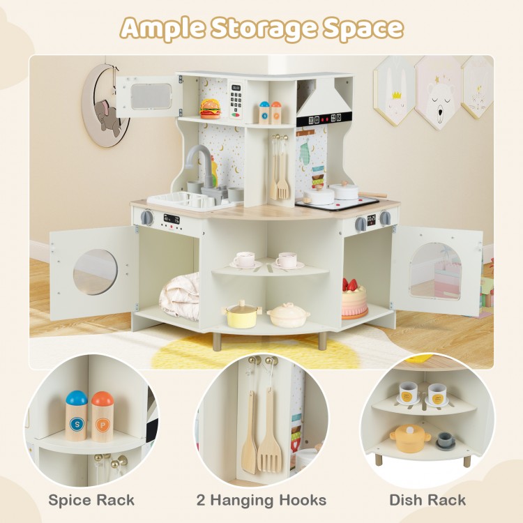 Kids play kitchen wooden corner playset in beige with ample storage, spice rack, dish rack, and hanging hooks for.