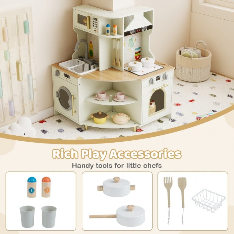 Kids play kitchen wooden corner playset in beige with working faucet, realistic lights, and rich play accessories for.