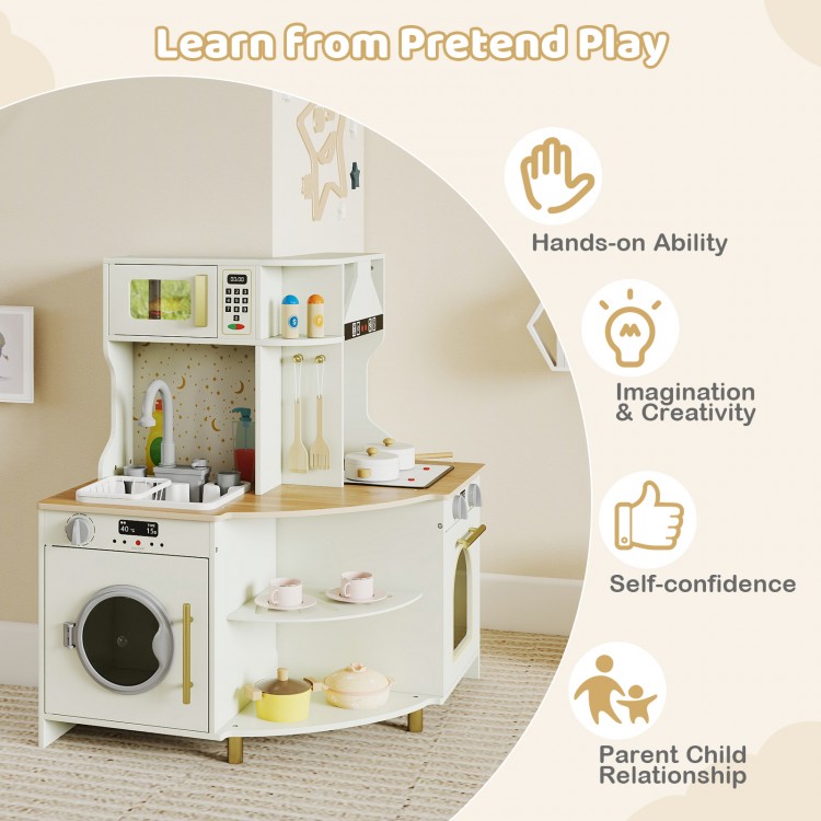 Kids play kitchen wooden corner playset in beige with working faucet, oven, and realistic lights for imaginative play.