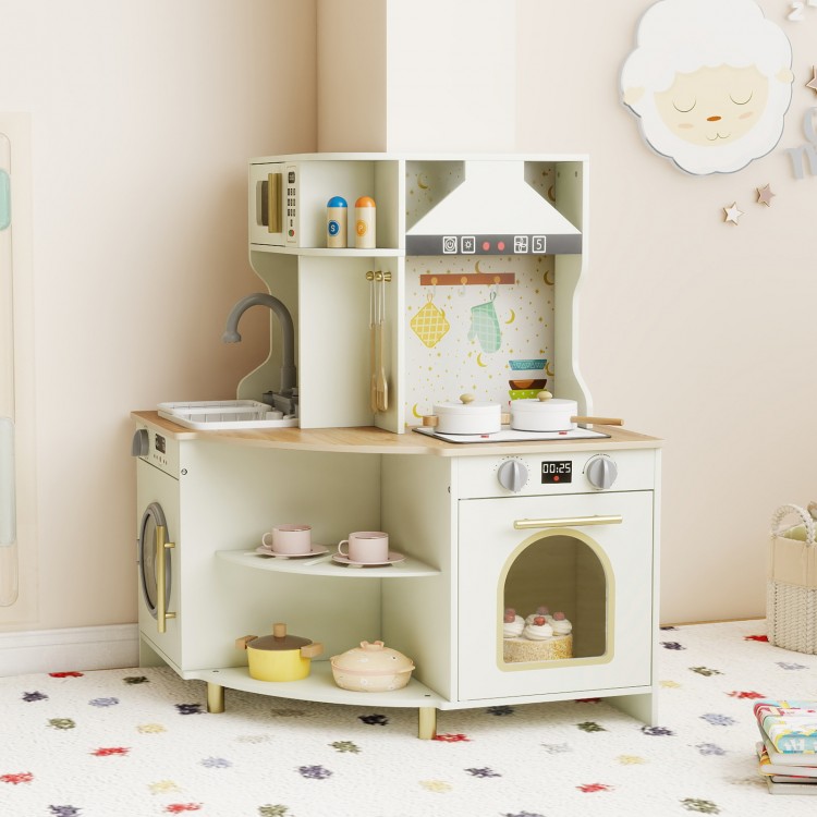 Kids play kitchen wooden corner playset in beige with working faucet, oven, and ample storage for imaginative cooking.
