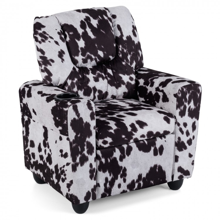Kids recliner chair in cow print with cup holder, ergonomic design, soft foam, perfect for reading or watching TV.