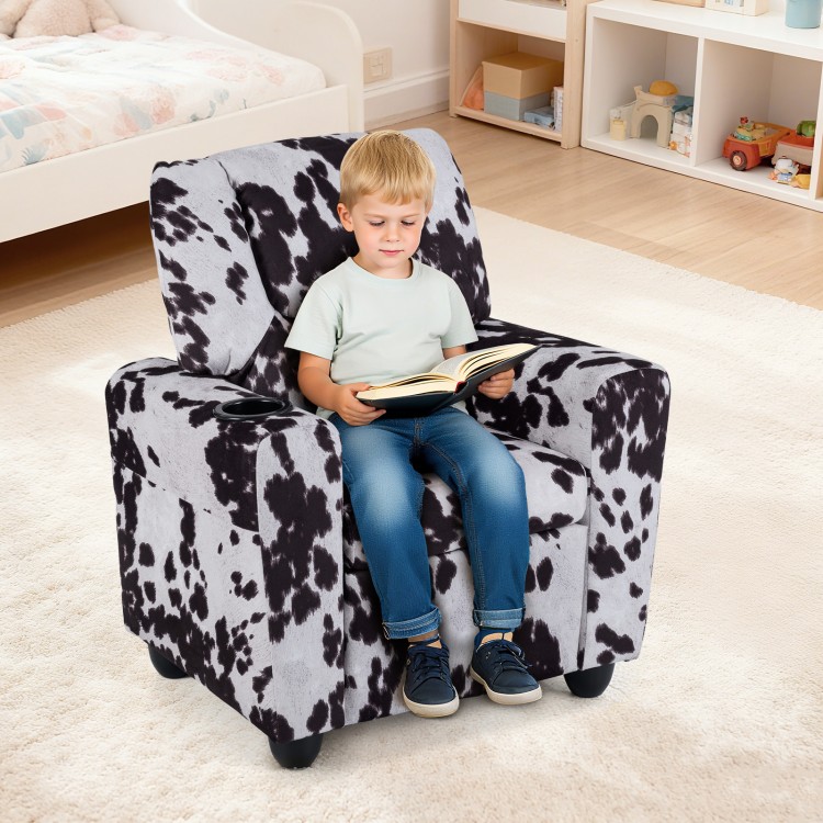 Kids recliner chair in cow print, featuring a cup holder and ergonomic design, perfect for reading or relaxing.