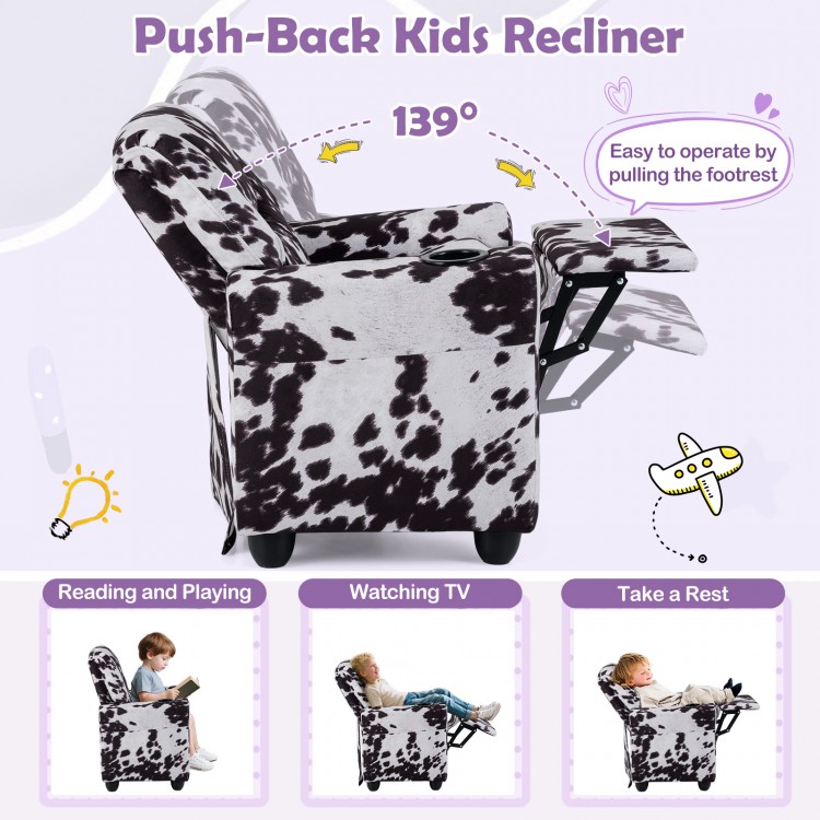 Kids recliner chair in cow print with retractable footrest, cup holder, ideal for reading, watching TV, or resting.