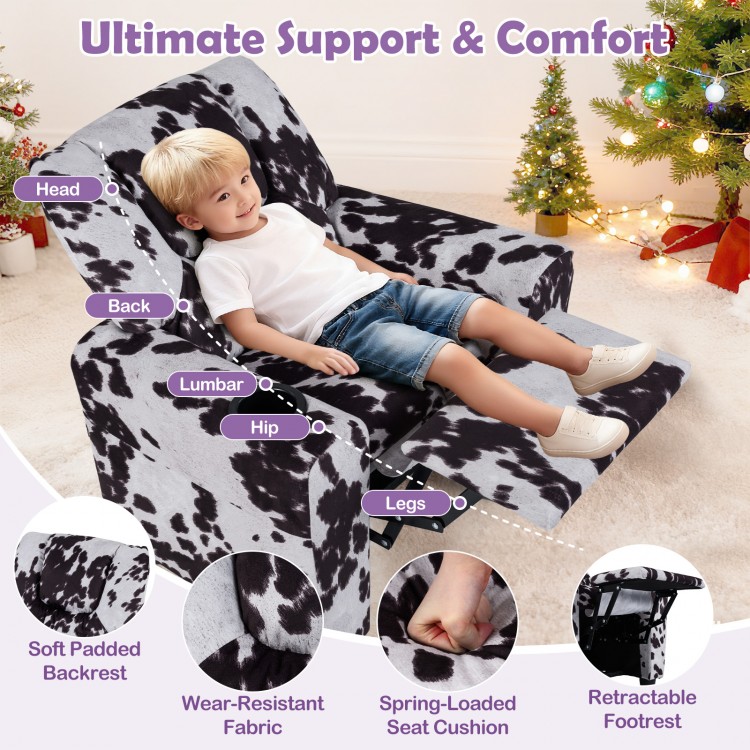 Kids recliner chair with a high backrest, retractable footrest, and cup holder, perfect for reading and relaxing.