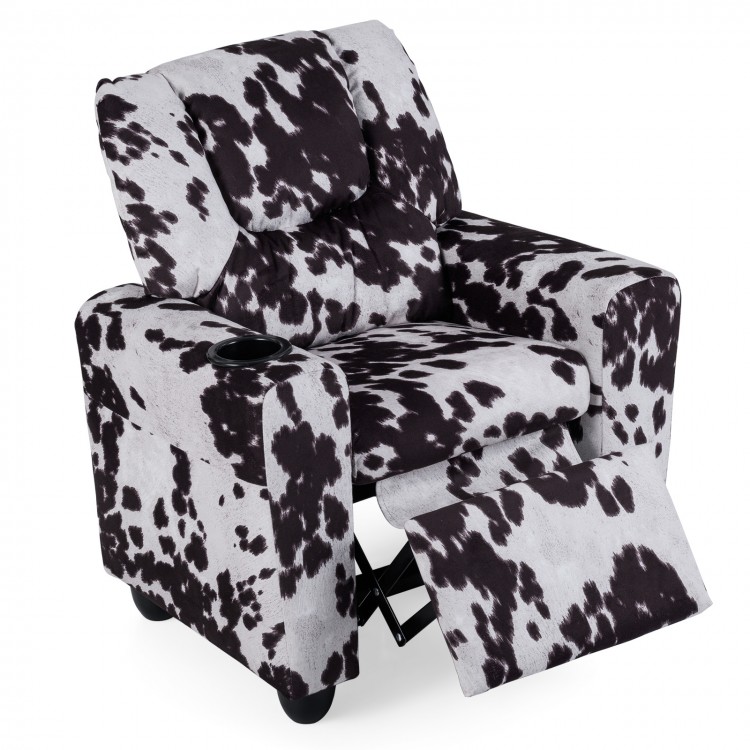 Kids recliner chair in cow print with retractable footrest and cup holder, perfect for reading or watching TV.