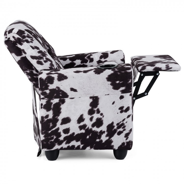 Kids recliner chair in cow print shown from the side, featuring a retractable footrest and cup holder for added.