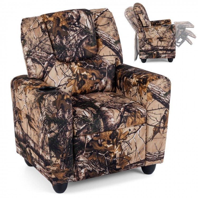 Kids recliner chair in camouflage with cup holder, ergonomic design, and retractable footrest for comfort and.
