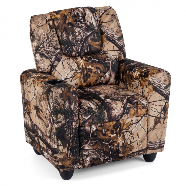 Kids recliner chair in camouflage design with cup holder, ergonomic high backrest, and retractable footrest for comfort.