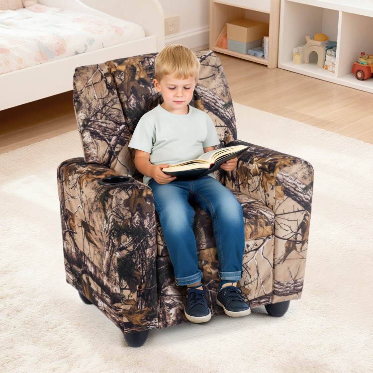 Kids recliner chair in camouflage with cup holder, featuring ergonomic design and soft foam for comfort and durability.