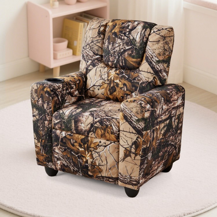 Kids recliner chair in camouflage fabric with cup holder, ergonomic design, perfect for reading or watching TV.