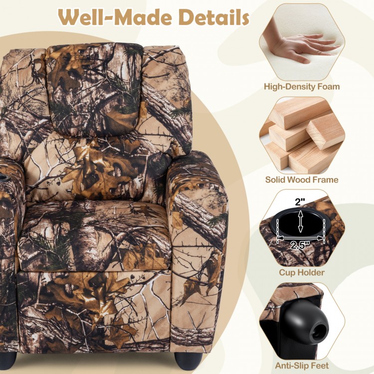 Kids recliner chair in camouflage with cup holder, high-density foam, and anti-slip feet for comfort and stability.