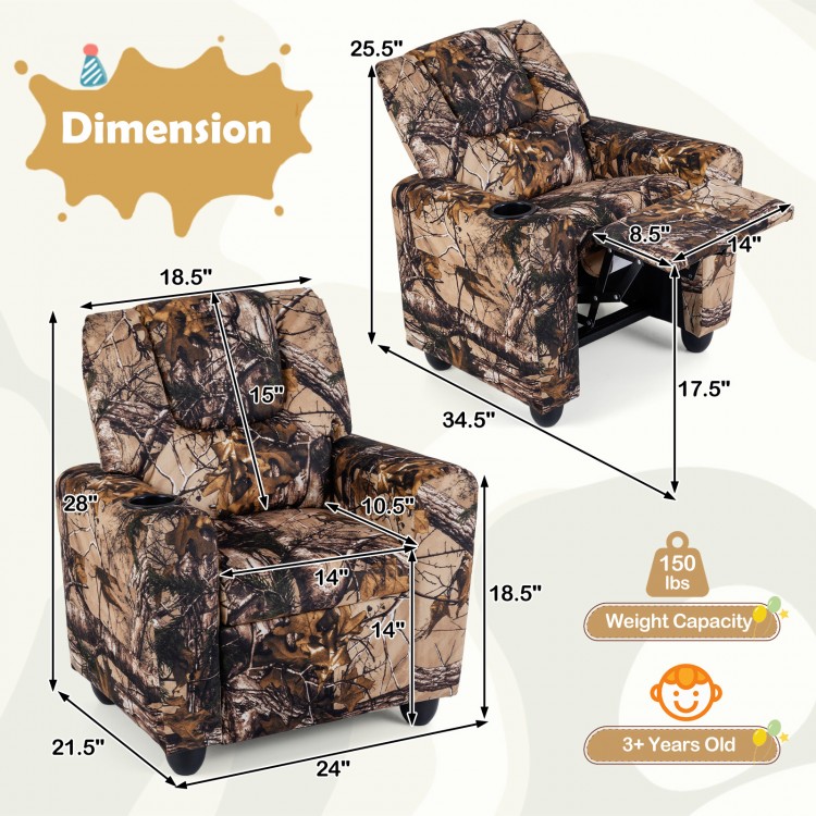 Kids recliner chair in camouflage with cup holder, ergonomic design, and retractable footrest for comfortable lounging.