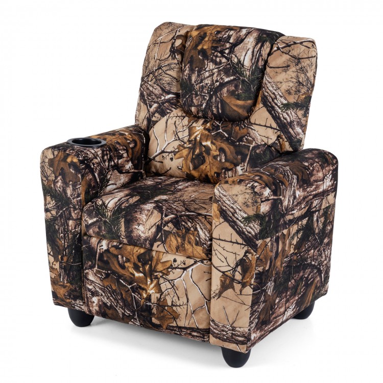 Kids recliner chair in camouflage with a high backrest and anti-slip feet, ideal for kids to relax and enjoy.