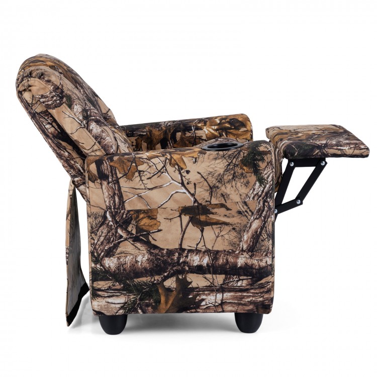 Kids recliner chair in camouflage from the side, featuring a cup holder and ergonomic design for toddlers' comfort.