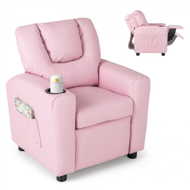 Kids recliner chair in pink PU leather with adjustable backrest, cup holder, and side pocket for toys or books.