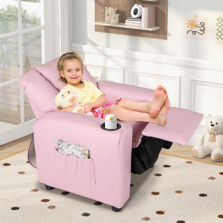 Kids recliner chair in pink with adjustable backrest, cup holder, and side pocket, perfect for playrooms or bedrooms.