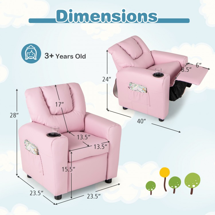 Dimensions of the pink kids recliner chair with adjustable features, cup holder, and side pocket for books or toys.