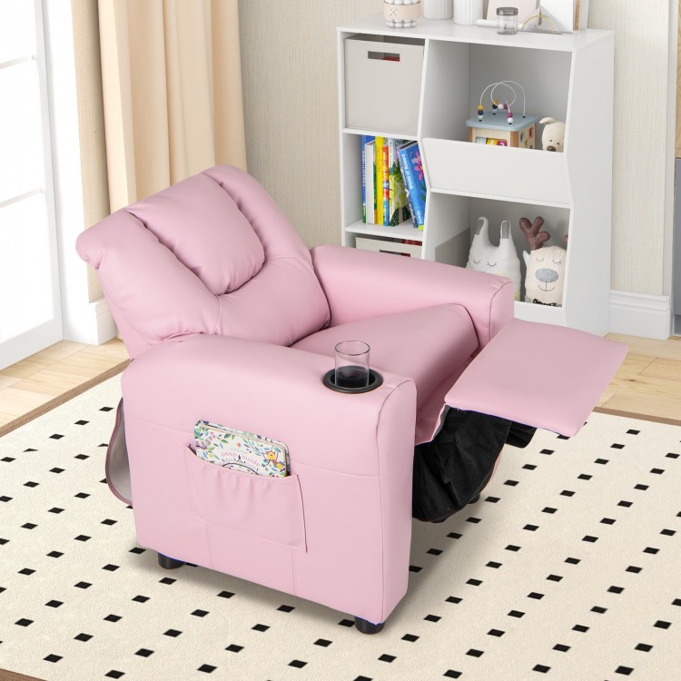 Kids recliner chair in pink PU leather with adjustable footrest, cup holder, and side pocket for playroom comfort.