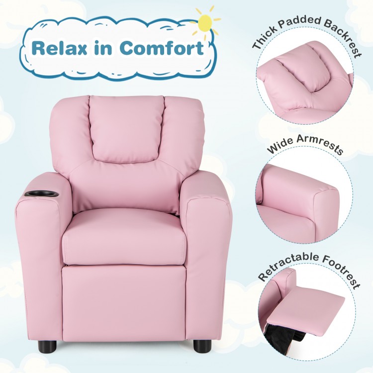 Kids recliner chair in pink PU leather with adjustable backrest, cup holder, and side pocket for comfort and playtime.
