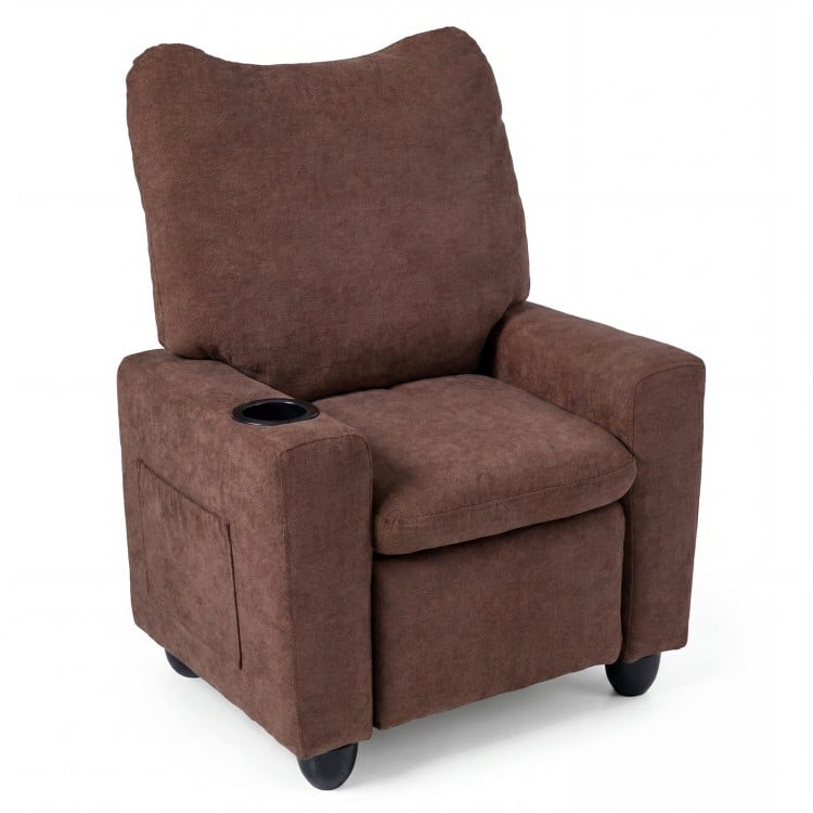 Kids recliner in brown with adjustable footrest, cup holder, and soft chenille fabric, perfect for playrooms and.