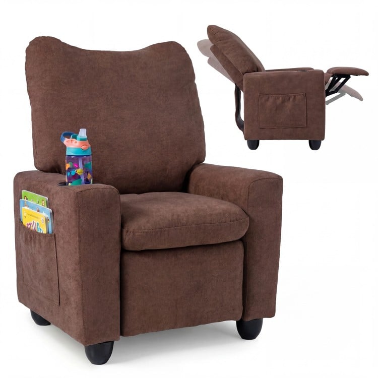 Kids recliner in brown with adjustable footrest, cup holder, and side pockets, perfect for playrooms and nurseries.