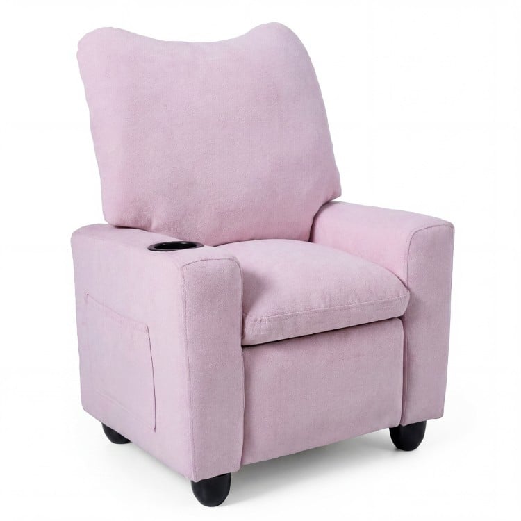 Kids recliner in pink with adjustable footrest, cup holder, and soft chenille fabric, perfect for playrooms and.
