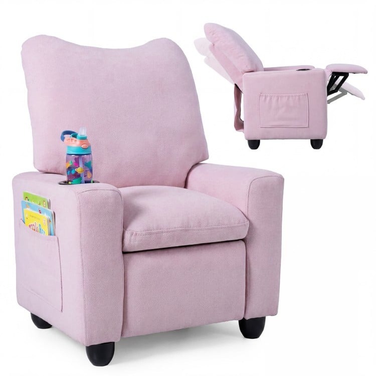 Kids pink recliner sofa with adjustable footrest, cup holder, and side pockets, perfect for playrooms and nurseries.