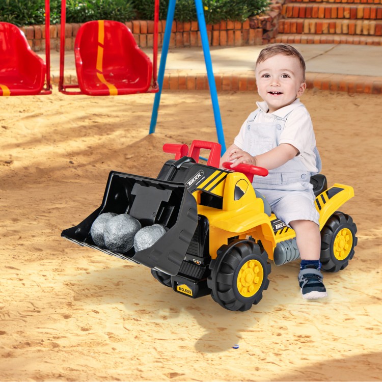 Kids ride-on bulldozer toy truck with adjustable bucket, perfect for outdoor play and easy operation for ages 3+.