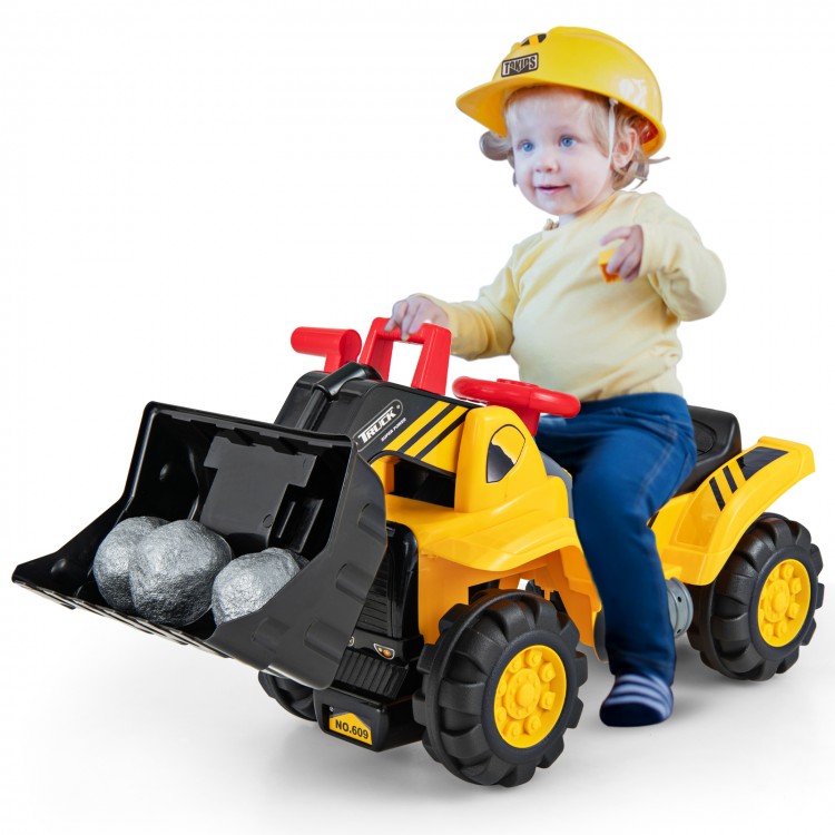 Kids ride-on bulldozer toy truck with adjustable bucket, horn sounds, and included helmet for children aged 3+.