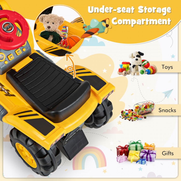 Under-seat storage compartment of the Kids Ride On Bulldozer Toy for toys, snacks, and gifts, suitable for ages 3+.